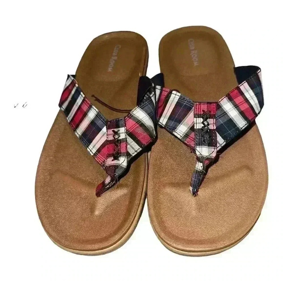 Club Room Mens RILEY Red/Blue Plaid Flip Flop Sandals, Size 12 - Picture 2 of 6